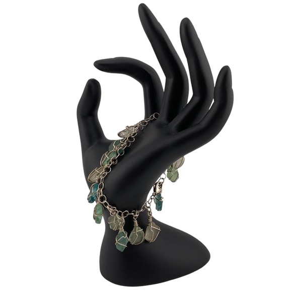 STERLING SEA GLASS BRACELET AQUA LIGHT GREEN 6.5 +1" extender 925 SILVER ARTISAN - Picture 7 of 8